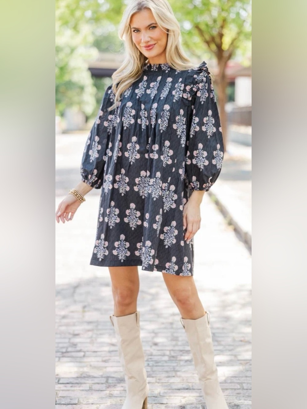 Floral Swing Mini Dress in Black and Pink